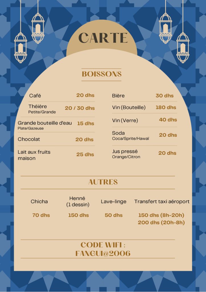 Carte des boissons et autres services du Riad Dar Fangui